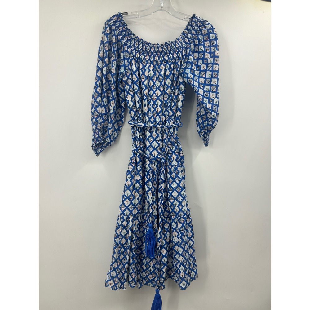Roller Rabbit Blue White Diamond Print Smocked Off Shoulder Cotton Midi Dress